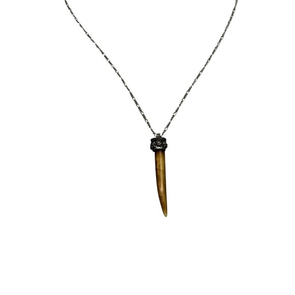 Brown Horn Pendant Long Chain Necklace Silver Tone Hippie Trible - Picture 2 of 4